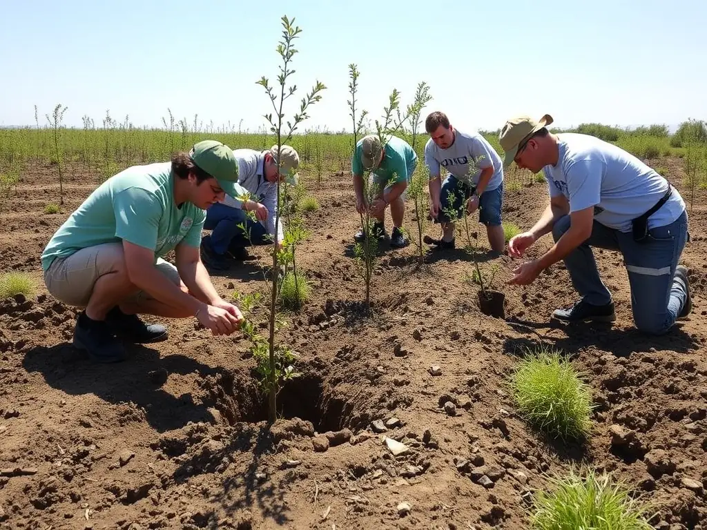 A vibrant image showcasing volunteers planting native trees in the natural reserve managed by LA VOIE DE L'HIRONDELLE, emphasizing the organization's commitment to ecological restoration and biodiversity conservation.