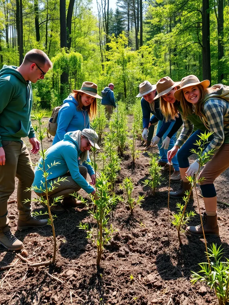 A vibrant photograph showcasing volunteers planting native trees as part of a reforestation project in the Charente region, emphasizing community involvement and environmental restoration.