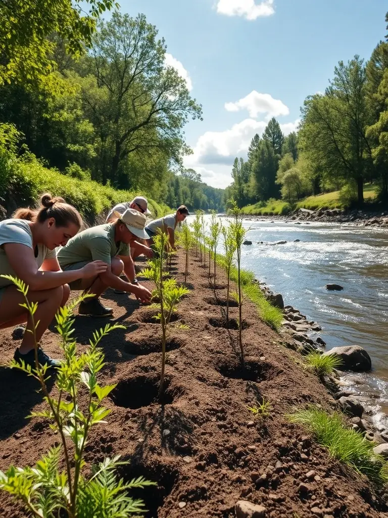 A photograph showcasing volunteers planting native trees as part of the ecological management program at the natural reserve, emphasizing habitat restoration.